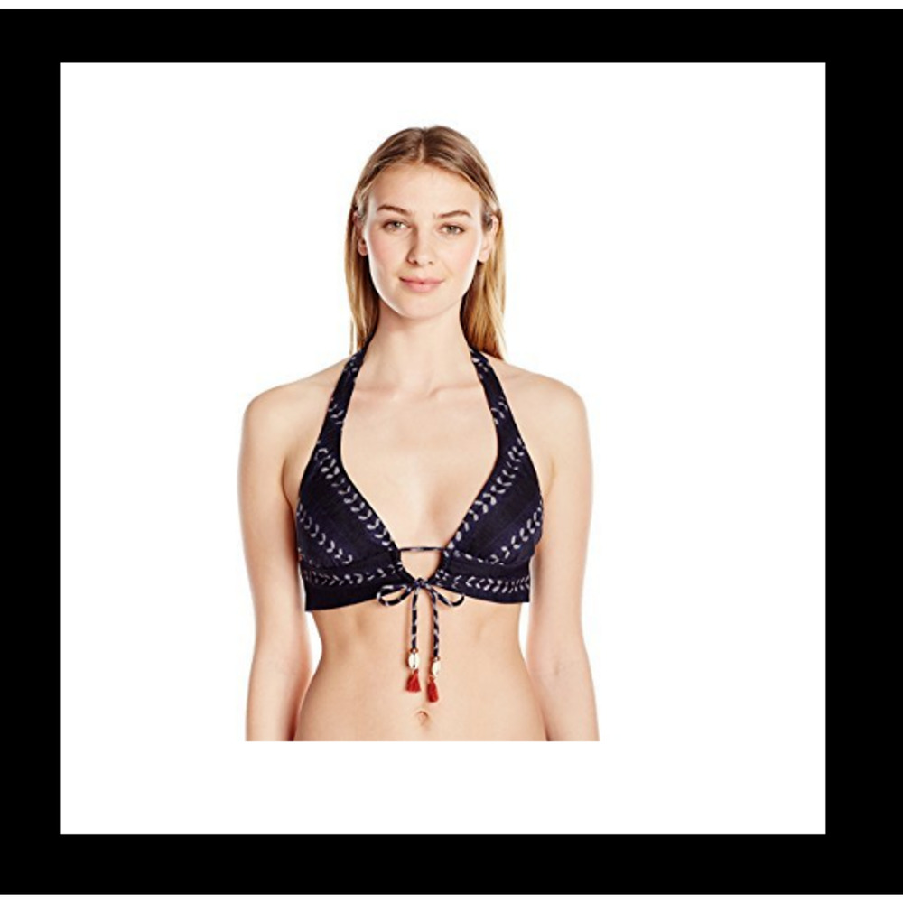 Robin Piccone Imani Halter Bikini Top Front Tie Tassel Blue Size L